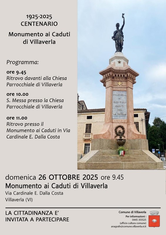 1925-2025 Centenario , Monumento ai Caduti di Villaverla 1925-2025 Centenario , Monumento ai Caduti di Villaverla